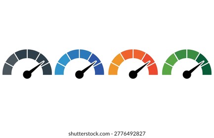 Set of four colorful speedometer gauge icons representing progress and performance levels isolated on white background
