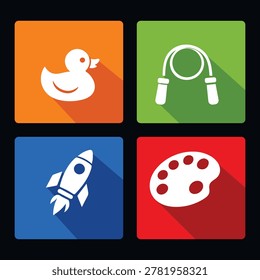 A set of four colorful square icons arranged in a grid on a dark background. The top left features a white rubber duck on an orange square. The top right displays a white jump rope on a lime green squ