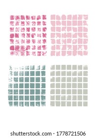 Set of four colorful squares abstract textures from paint brush, transparent background. Noise, grain, grunge texture. For overlay, montage, shading. Abstract vector illustration. Easy to recolor.