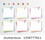 Set Of Four Colorful Sticky Notes and pins. Paper clips. ready for your message. Memo notes icons. Realistic vector illustration. Isolated on white background. Front view. Close up.