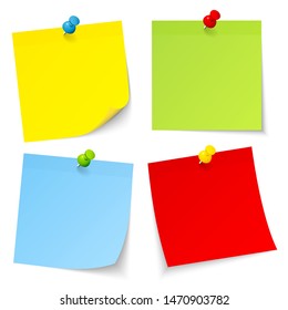 Set Of Four Colorful Sticky Notes With Pins And Shadow