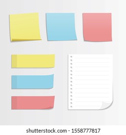 Set Of Four Colorful Sticky Notes. ready for your message. Memo notes icons. Realistic vector illustration. Isolated on white background. Front view. Close up.