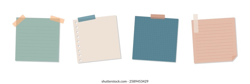 Set of four colorful sticky notes. Sticky notes in green, beige, blue, and peach. Notes are taped, lined, and grid-patterned. Sticky notes for reminders. Memo element vector set.