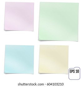 Set of four colorful sticky notes. Realistic vector illustration of sticky paper.