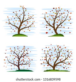 Set of four colorful stylized autumn trees. Foxes crumbled from trees. Beautiful stylized grass. Cute blue sky