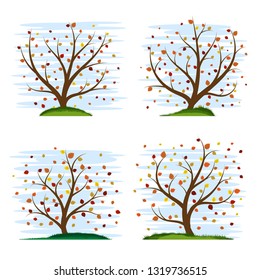 Set of four colorful stylized autumn trees. Foxes crumbled from trees. Beautiful stylized grass. Cute blue sky