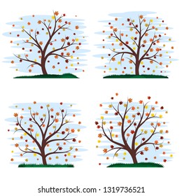 Set of four colorful stylized autumn trees. Foxes crumbled from trees. Beautiful stylized grass. Cute blue sky