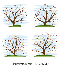 Set of four colorful stylized autumn trees. Foxes crumbled from trees. Beautiful stylized grass. Cute blue sky