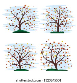 Set of four colorful stylized autumn trees. Foxes crumbled from trees. Beautiful stylized grass. Cute blue sky