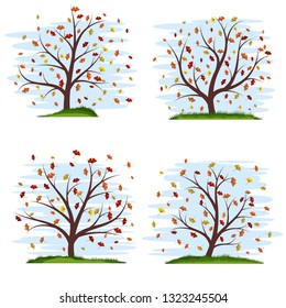 Set of four colorful stylized autumn trees. Foxes crumbled from trees. Beautiful stylized grass. Cute blue sky