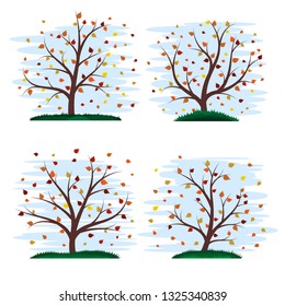 Set of four colorful stylized autumn trees. Foxes crumbled from trees. Beautiful stylized grass. Cute blue sky