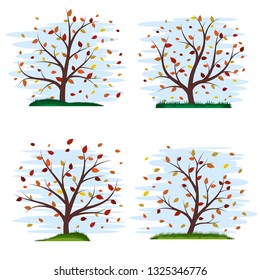 Set of four colorful stylized autumn trees. Foxes crumbled from trees. Beautiful stylized grass. Cute blue sky