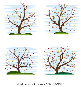 Set of four colorful stylized autumn trees. Foxes crumbled from trees. Beautiful stylized grass. Cute blue sky