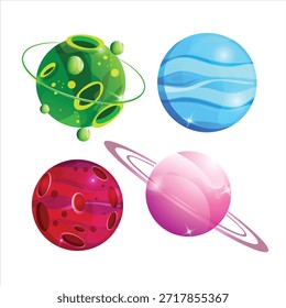 Set of Four Colorful Stylized Planets with Rings, Stripes, and Craters, Solar System, Space, and Extraterrestrial World Game Asset Icons Vector Illustration
