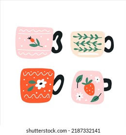 Set of four colorful tea cups isolated on a white background. Hand drawn flat vector illustrations in childish style. Collection of cute graphic elements for your design.