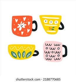 Set of four colorful tea cups isolated on a white background. Hand drawn flat vector illustrations in childish style. Collection of cute graphic elements for your design.