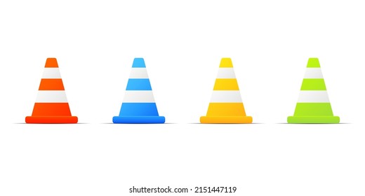 Set of four colorful traffic cone signs in flat style design isolated on white background. Orange, Blue, Yellow  Lime Green traffic cones. EPS 10 vector illustration.