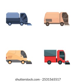 Set of four colorful, vector cartoon illustrations of street sweepers and delivery vehicles