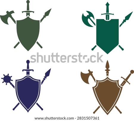 A set of four colorful vector emblems featuring medieval shields combined with swords, axes, spears, and spiked weapons. The designs symbolize protection, defense, strength, courage, battle, knights, fantasy, heraldry, and warrior themes.