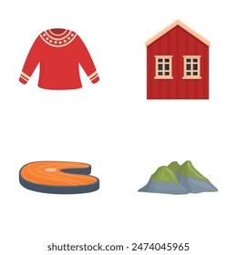 Set of four colorful vector icons representing scandinavian elements including traditional sweater, cabin, salmon, and mountains