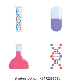 Set of four colorful vector icons depicting a dna helix, capsule pill, erlenmeyer flask, and molecular structure