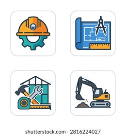 A set of four colorful vector icons representing construction industry themes including safety gear blueprints tools and heavy machinery equipment