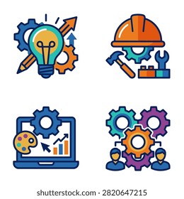 A set of four colorful vector icons representing creative innovation, construction, digital design, and team collaboration concepts.