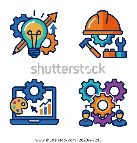 A set of four colorful vector icons representing creative innovation, construction, digital design, and team collaboration concepts.