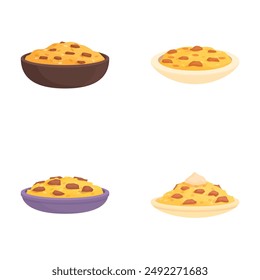 Conjunto de cuatro Ilustraciones vectoriales coloridas que representan varios tazones de masa de galletas de chocolate