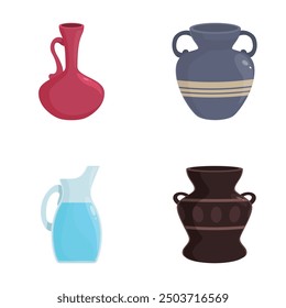 Set of four colorful vector illustrations of different styled jugs and vases on a white background