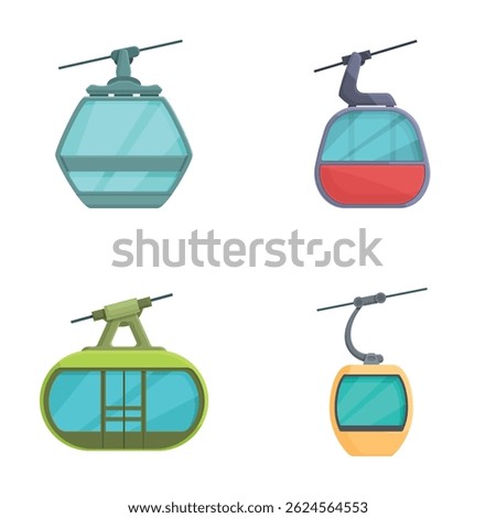 Set of four colorful vector illustrations of modern cable cars