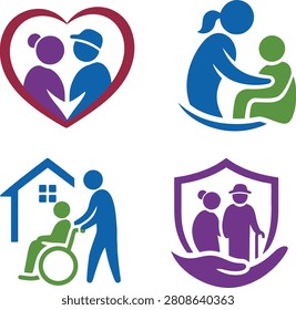 Set of four colorful vector logos featuring elderly couples, caregivers, wheelchair assistance, home care, protective shields, and helping hands. Ideal for senior care centers, nursing homes, assisted living services, retirement communities, healthcare organizations, and elderly support programs