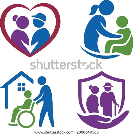 Set of four colorful vector logos featuring elderly couples, caregivers, wheelchair assistance, home care, protective shields, and helping hands. Ideal for senior care centers, nursing homes, assisted living services, retirement communities, healthcare organizations, and elderly support programs
