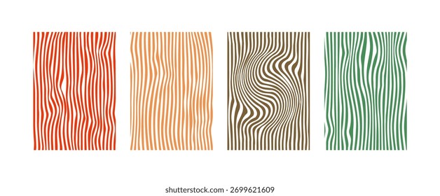 Set of four colorful vertical psychedelic retro wavy line patterns on white background