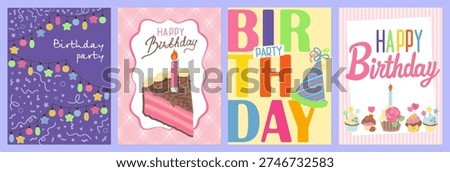 Set of four colorful vertical vector illustration birthday cards featuring cake, party hats, cupcakes, and festive garlands. Perfect for holiday invitations and social media greetings.