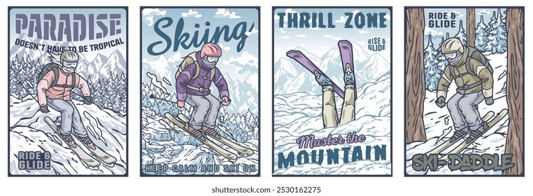 Set of four colorful vintage posters with skiers enjoying wintertime activities on mountain slopes, perfect for promoting winter sports and tourism
