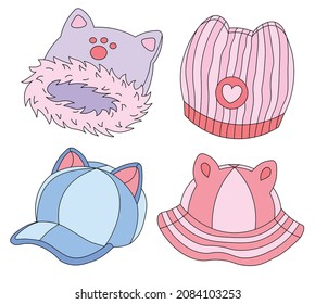 Set of four colorful warm winter and autumn cat ear hats for children drawings. Fur hat, knitted hat, cap, bucket hat. Vector hand drawn illustration isolated on white background.