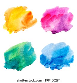 Set of four colorful watercolor stains. Hand painted abstract background. Vector illustration.