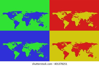 Set of four colorful world maps on bright colored backgrounds 
