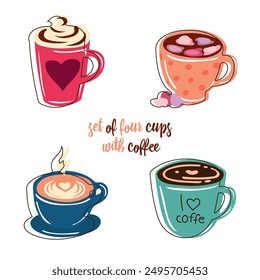 the set of four colorfull isolated simple flat cups of coffee on the white background. vector flat art. simple digital illustration with outline lines. group of illustration with mugs