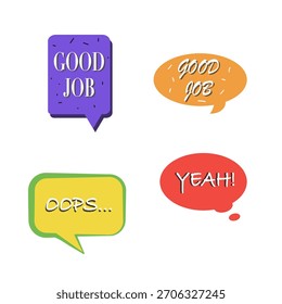 Conjunto de cuatro burbujas de discurso coloridas y modernas con mensajes como Buen trabajo, Oops, Yeah en un estilo de moda. Ideal para stickers de redes sociales, cómics, presentaciones, Comentarios, interfaz de usuario interactiva, Elementos de diseño de UX.