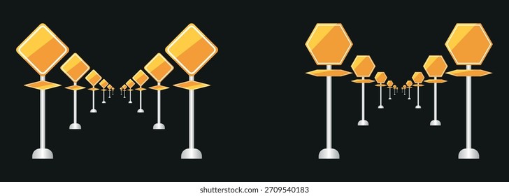Un conjunto de cuatro colores de señales de tráfico de carretera: rectángulo, círculo, Plantilla para el mensaje de advertencia, guía de dirección. señales de tráfico minimalistas con diferentes Formas y colores. 