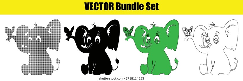 Conjunto de cuatro ilustraciones de elefante colorido y blanco y negro con mariposa
