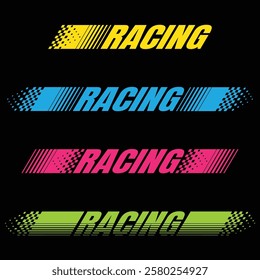 Set of four colourful flat racing decals with different halftone lines and sample text