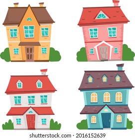 Set of four colourful houses. Cute cottasges. Cartoon townhouses with trees.Kids vector houses set. Sweet home. Vector illustration in flat style.