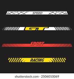 Set of four colourful sport racing decals. Different designs for race and moto sports with checkeres flags ans halftones