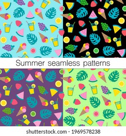 Set of four colourful summer seamless patterns. Ice-cream, lemonade, watermelon, strawberry, grapes, citrus slices, monstera leaves, various colour combinations. Trendy flat style, vector illustration