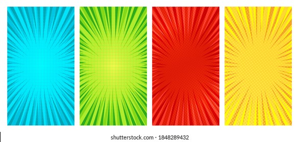 Conjunto de cuatro antecedentes de páginas de historietas en estilo de arte pop con espacio vacío. Plantilla con rayas, puntos y textura de efecto de medio tono. Ilustración del vector