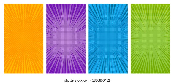 Set of four comic book pages backgrounds in pop art style with empty space. Template with rays, dots and halftone effect texture. Vector illustration