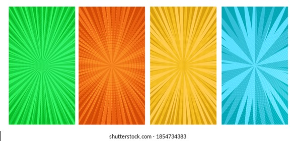 Set of four comic book pages backgrounds in pop art style with empty space. Template with rays, dots and halftone effect texture. Vector illustration